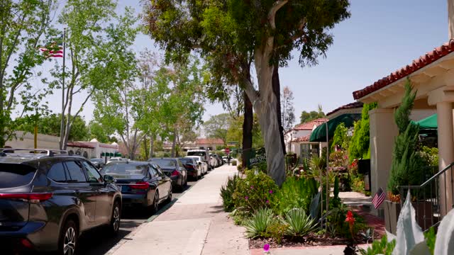 The downtown streets, the buildings and traffic in Rancho Santa Fe.