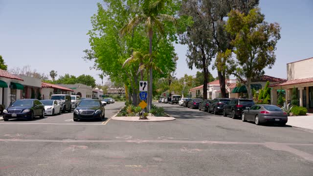 The downtown streets, palm trees and the buildings in Rancho Santa Fe.