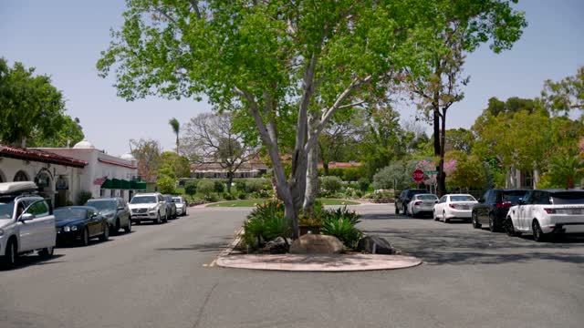 The downtown streets, the buildings and traffic in Rancho Santa Fe.