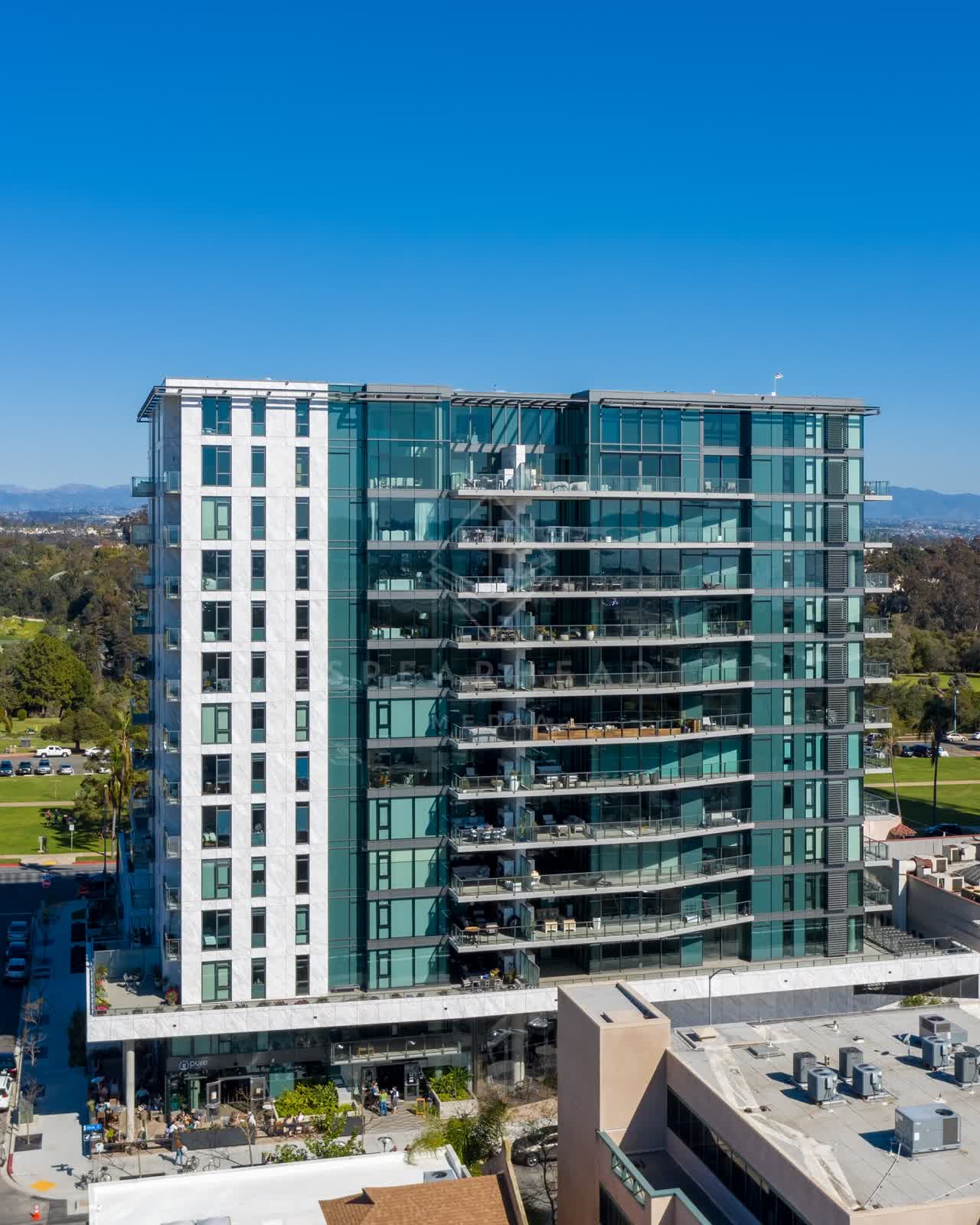 Aerial view of the downtown streets, the buildings and the city at Bankers Hill.