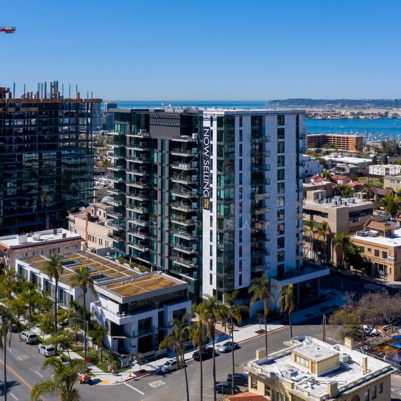 Aerial view of the downtown streets, boats and palm trees at Bankers Hill.