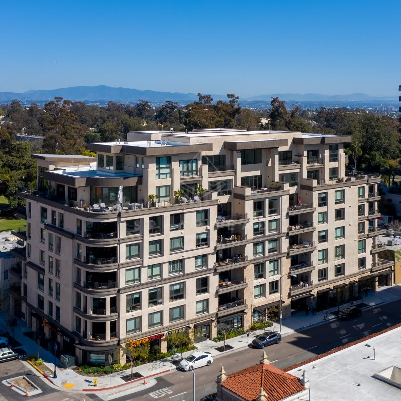 Low aerial view of the downtown streets, homes and the buildings at Bankers Hill.