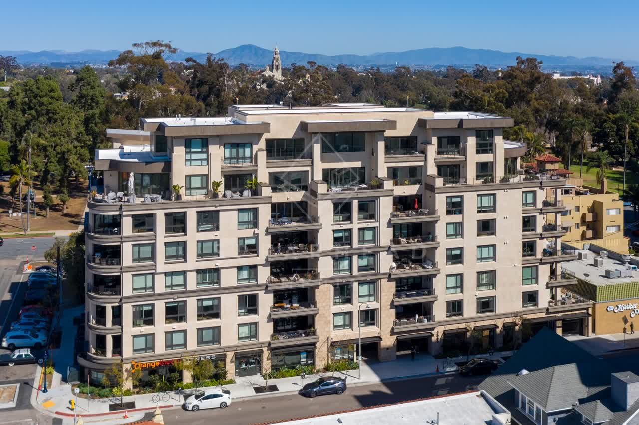 Low aerial view of the downtown streets, homes and the buildings at Bankers Hill.