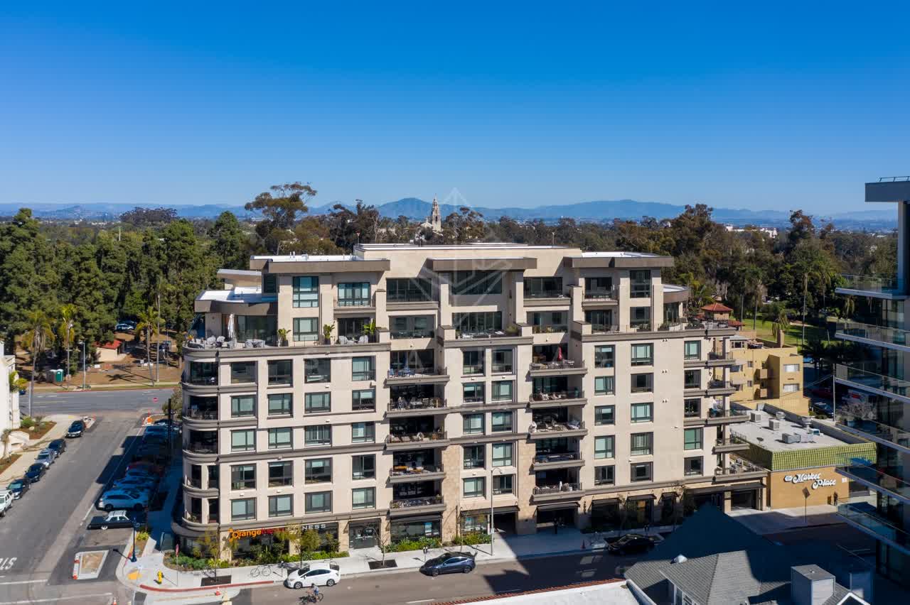 Aerial view of the downtown streets, homes and the buildings at Bankers Hill.