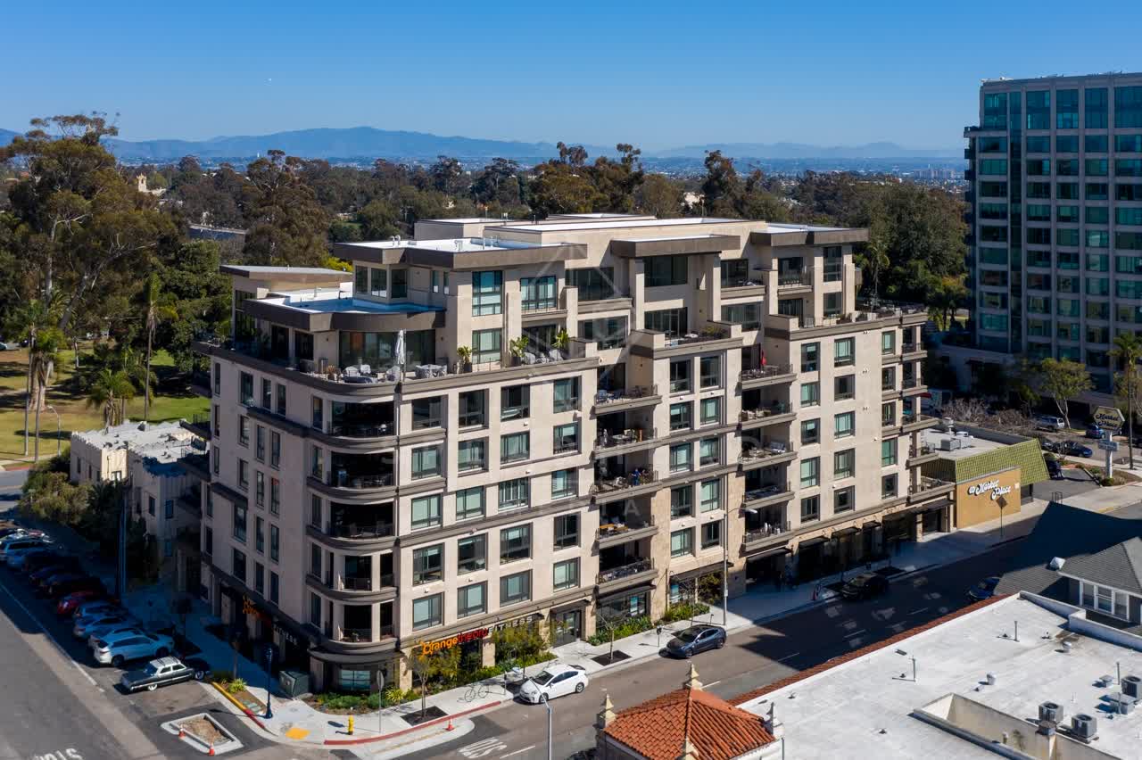 Low aerial view of the downtown streets, homes and the buildings at Bankers Hill.