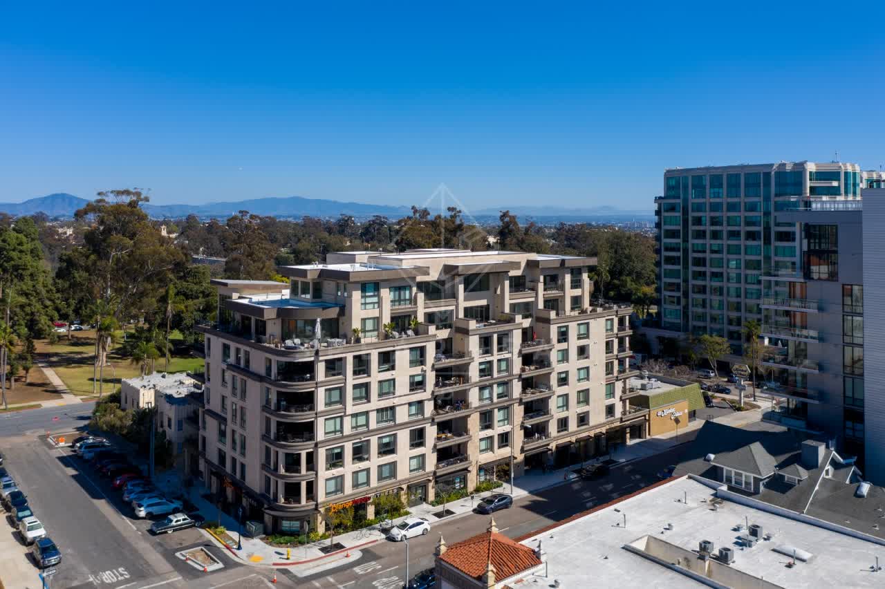 Aerial view of the downtown streets, homes and the buildings at Bankers Hill.