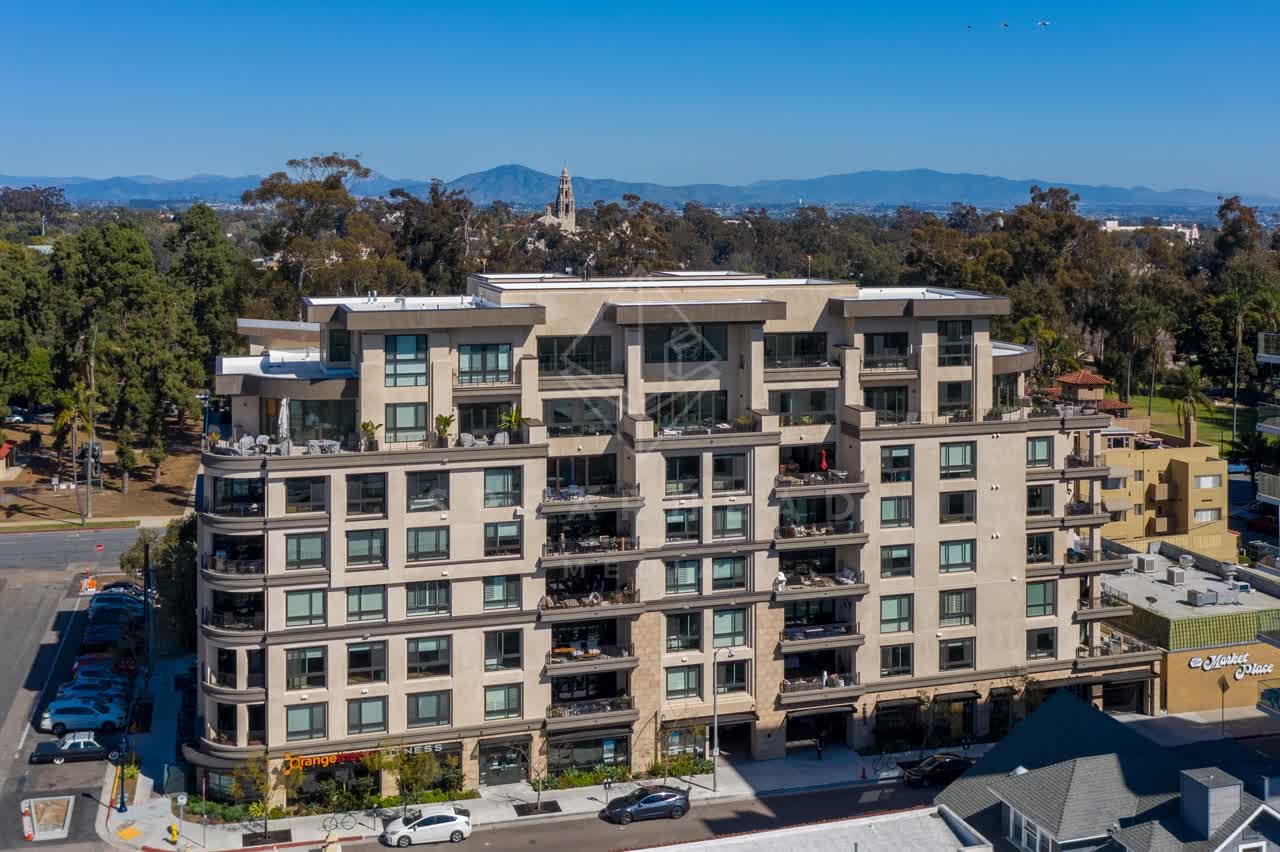 Low aerial view of the downtown streets, homes and the buildings at Bankers Hill.