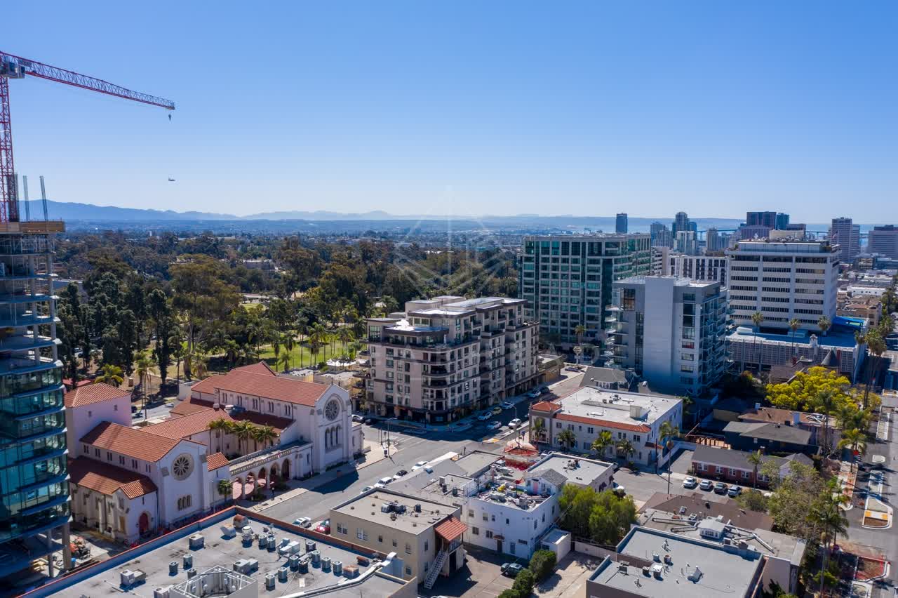 Aerial view of the downtown streets, the skyline and homes at Bankers Hill.