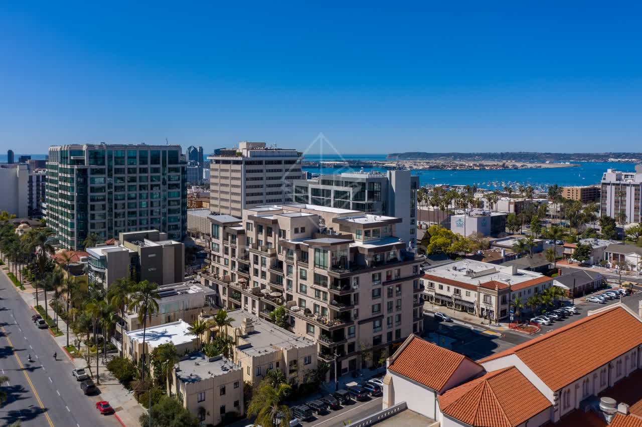 Aerial view of the downtown streets, boats and palm trees at Bankers Hill.