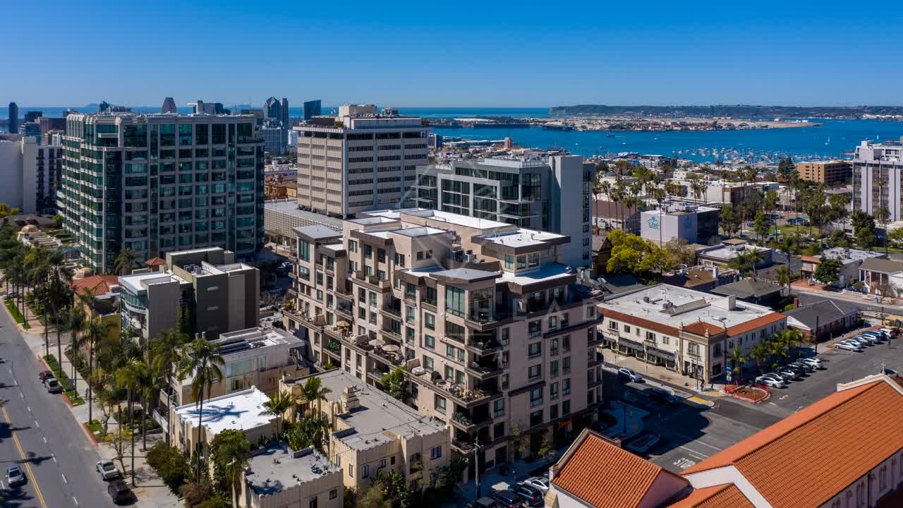 Aerial view of the downtown streets, the skyline and boats at Bankers Hill.