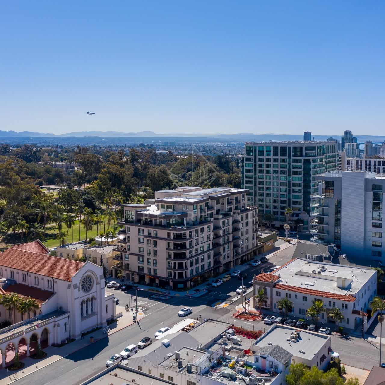 Aerial view of the downtown streets, the skyline and palm trees at Bankers Hill.