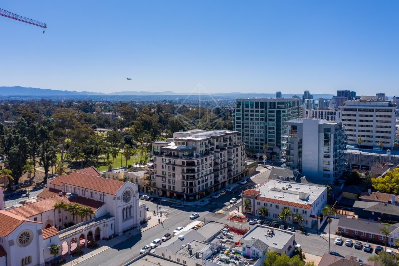 Aerial view of the downtown streets, the skyline and palm trees at Bankers Hill.