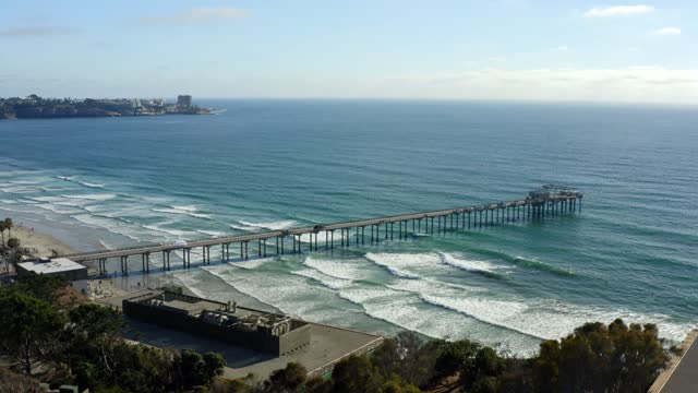 Aerial view of the beach, the surf and the pier at La Jolla Cove.
