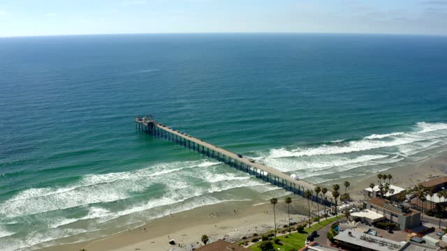 Aerial view of the beach, the surf and the pier at La Jolla Cove, with people walking.