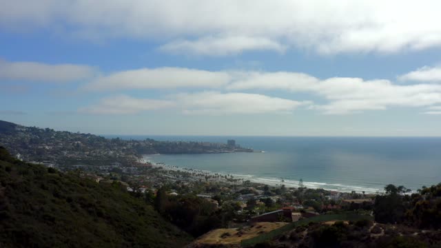Aerial view of the cliffs, palm trees and the ocean at La Jolla Cove.