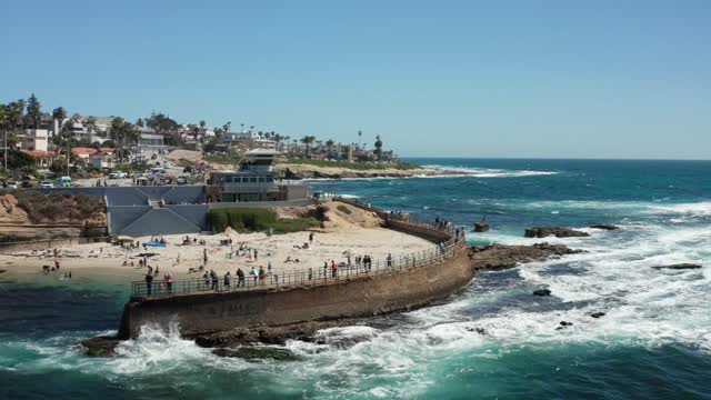 Low aerial view of the beach, the surf and palm trees at La Jolla Cove, with people walking.