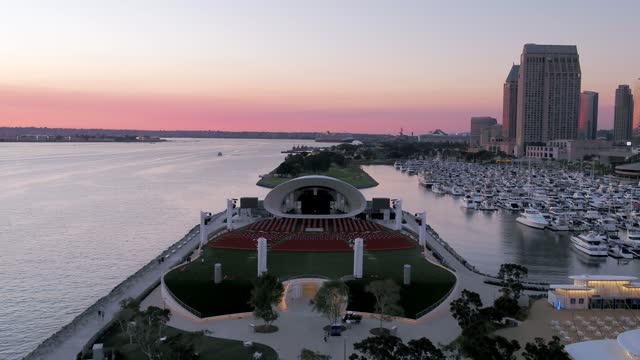 Aerial view of the harbor, the skyline and boats at Marina.