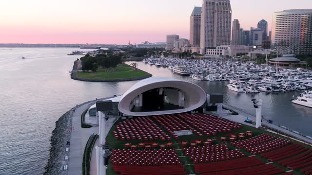 Aerial view of the harbor, the skyline and boats at Marina.