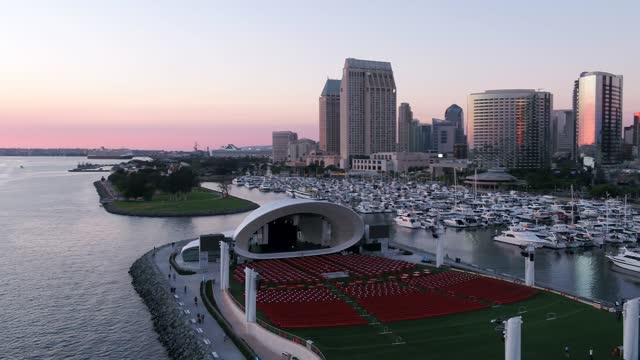 Aerial view of the harbor, the skyline and boats at Marina.