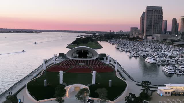 Aerial view of the harbor, the skyline and boats at Marina.