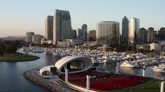 Aerial sunset shot of The Rady Shell Concert and Event Venue on the San ...