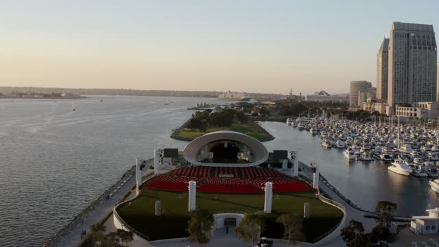 Aerial view of the harbor, the skyline and boats at Marina.