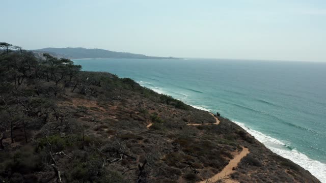 Low aerial view of the cliffs, the surf and the ocean at Torrey Pines.