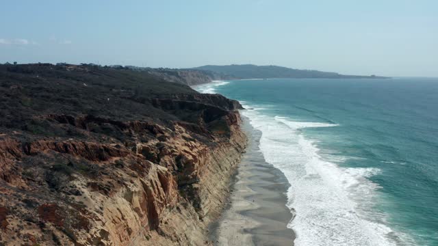 Aerial view of the cliffs, the surf and the ocean at Torrey Pines.