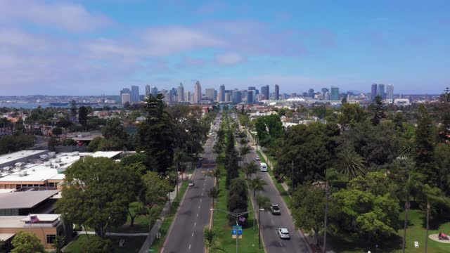 Aerial view of a residential street, the skyline and palm trees in Coronado.
