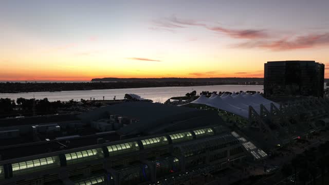 Aerial view of the downtown streets, boats and the bay at Marina.