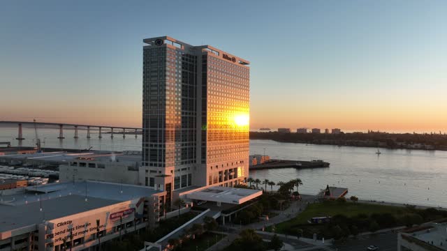 Aerial view of the downtown streets, the bridge and boats at Marina.