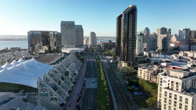 Aerial view of the downtown streets, the bridge and the skyline at Marina.