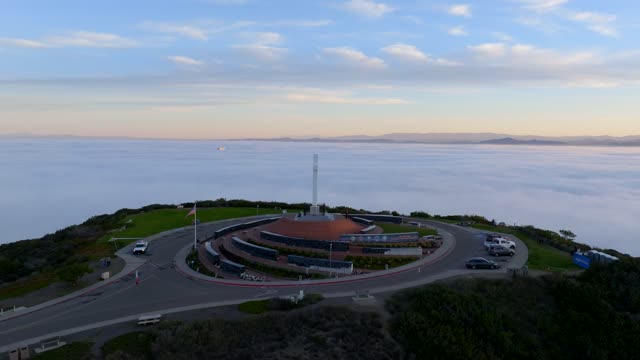 Aerial view of the cliffs, traffic and open country at Mount Soledad.