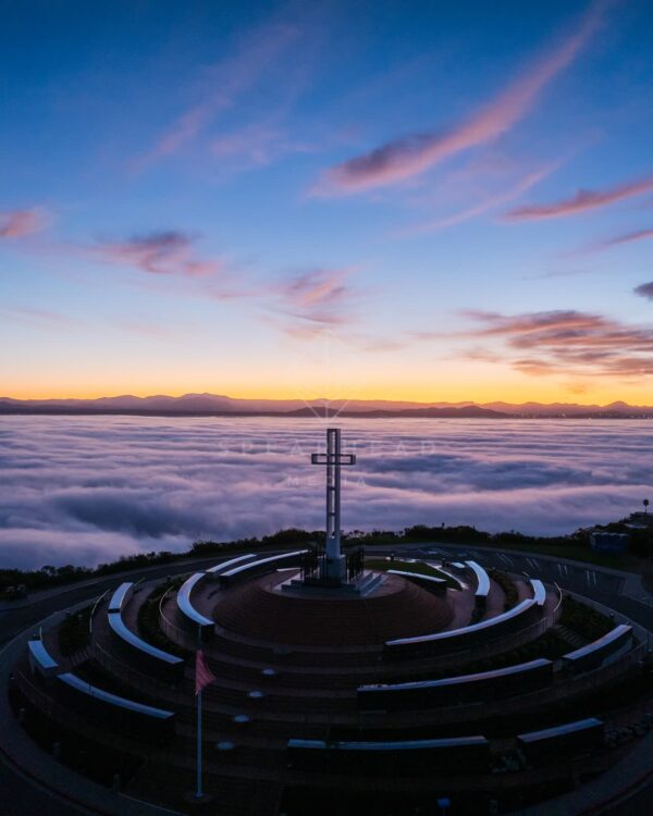 Mount Soledad and the Mt. Soledad National Veterans Memorial over the clouds and fog during sunrise in La Jolla | Drone Photo - 9