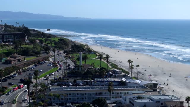 Aerial view of the beach, the surf and palm trees at Powerhouse Park, with people walking.