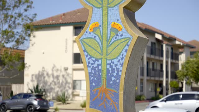 A residential street, homes and the buildings in Carlsbad.