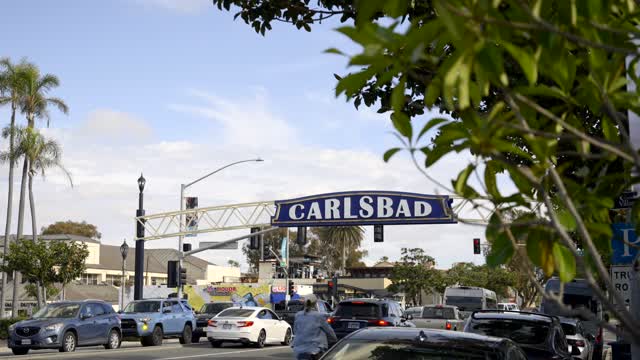 The downtown streets, palm trees and the buildings in Carlsbad, with people walking.