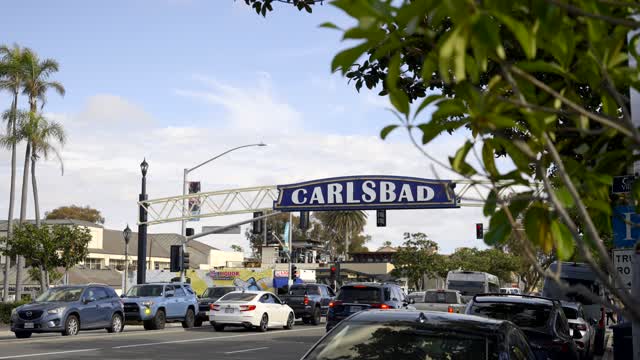 The downtown streets, palm trees and the buildings in Carlsbad.