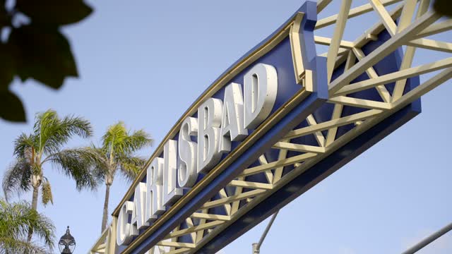 The downtown streets, palm trees and the buildings in Carlsbad.