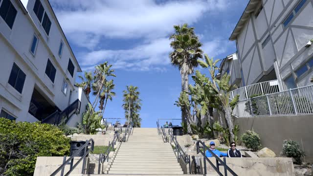 A residential street, palm trees and homes in Carlsbad, with people walking.
