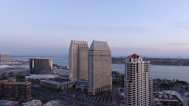 The Hyatt Hotels in Downtown San Diego with the San Diego Bay in the Background | Drone Video