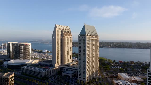 The Hyatt Hotels in Downtown San Diego with the San Diego Bay in the Background | Drone Video – 1