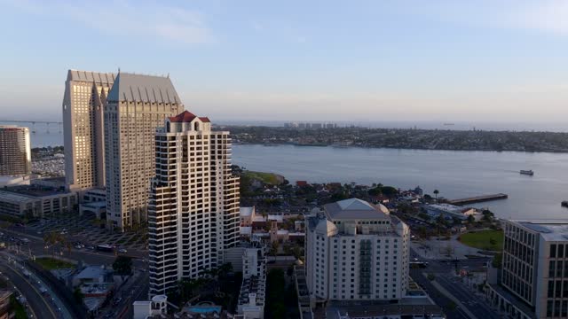 Aerial view of the downtown streets, the skyline and boats at Columbia.