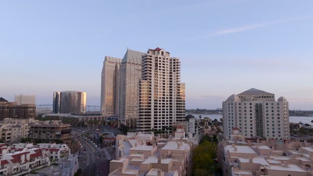 Low aerial view of the downtown streets, the bridge and the skyline at Columbia.