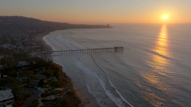 Aerial view of the beach, the pier and the ocean at La Jolla Shores.