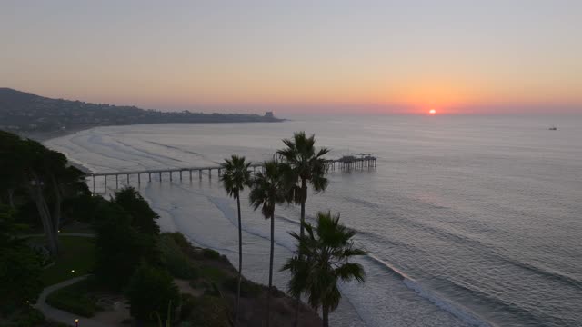 Aerial view of the beach, the surf and the pier at La Jolla Shores.