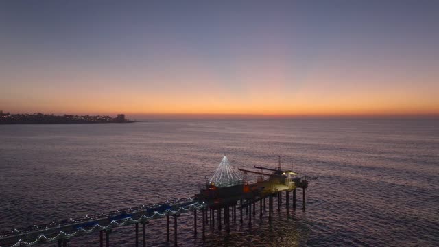 Low aerial view of the beach, the pier and the ocean at La Jolla Shores.