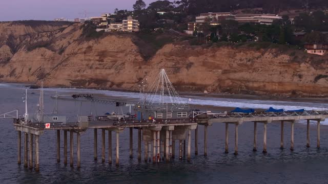 Low aerial view of the beach, the pier and the ocean at La Jolla Shores.