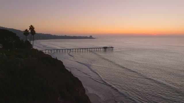 Aerial view of the cliffs, the pier and palm trees at La Jolla Shores.