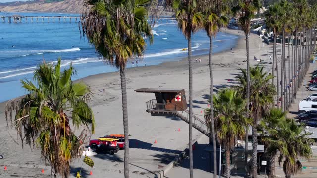 Elevated view of the beach, the surf and the pier at La Jolla Shores, with people walking.